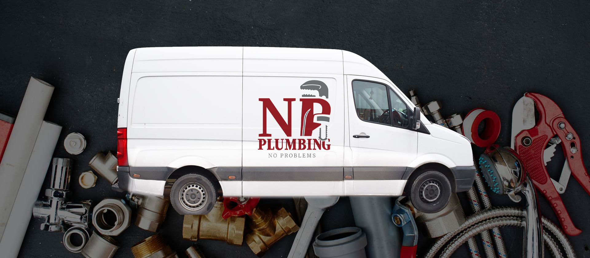 White van wrapped with No Problems Plumbing logo
