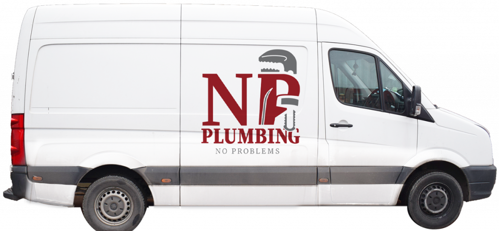 White van wrapped with No Problems Plumbing logo